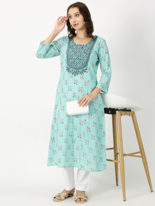 Turquoise Blue Floral Print Kurta with Yoke Embroidery