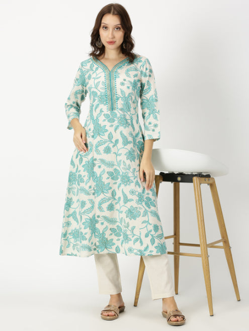 Sea Green Floral Print Kurta with Neck Embroidery