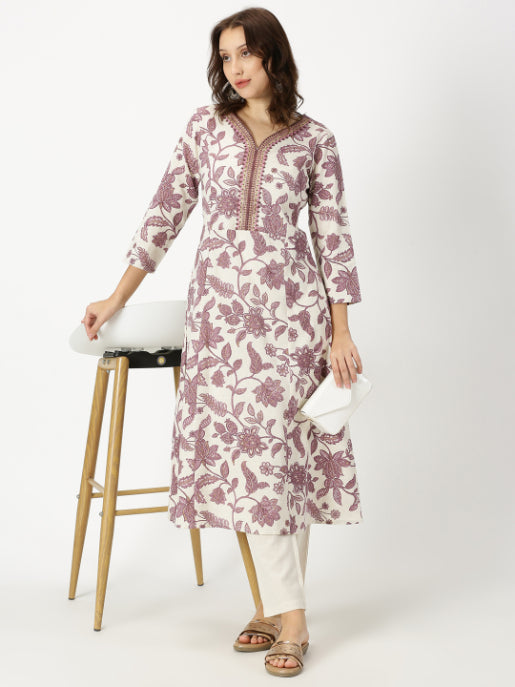 Purple Floral Print Kurta with Neck Embroidery