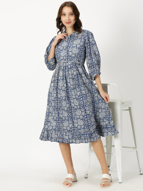 Blue Floral Print Boho Midi Dress with Belt