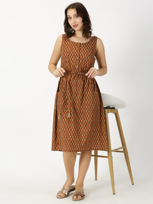 Brown Lotus Print Midi Dress with Waist Tie-up