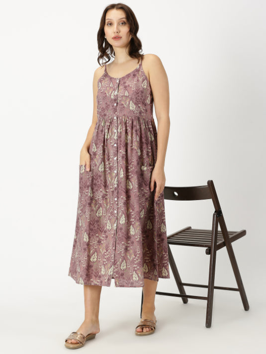 Mauve Leaf Print Strappy Midi Dress