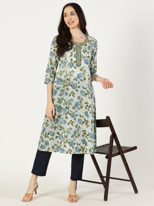 Blue Floral Print Kurta with Yoke Embroidery