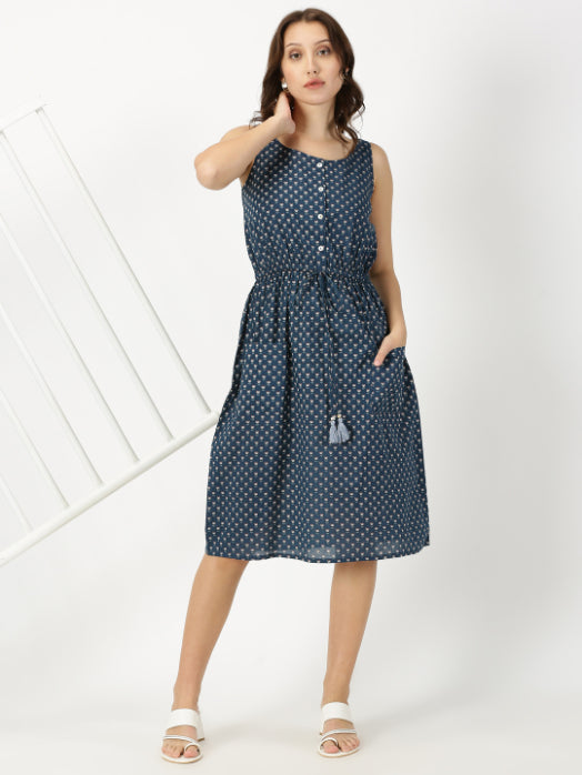 Navy Blue Lotus Print Midi Dress with Waist Tie-up