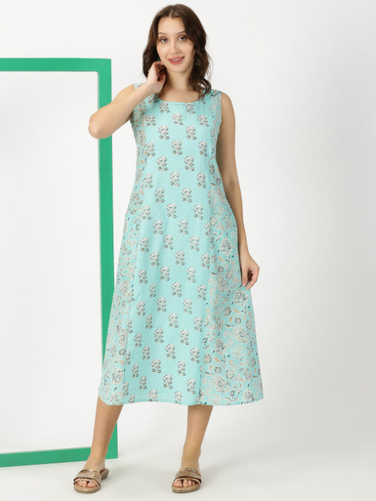 Turquoise Blue Floral Print Panelled Midi Dress