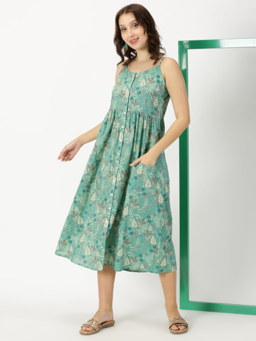 Green Leaf Print Strappy Midi Dress
