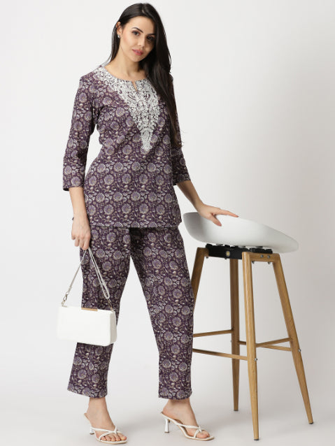 Purple Floral Cotton Tunic with Chikankari Embroidered Yoke