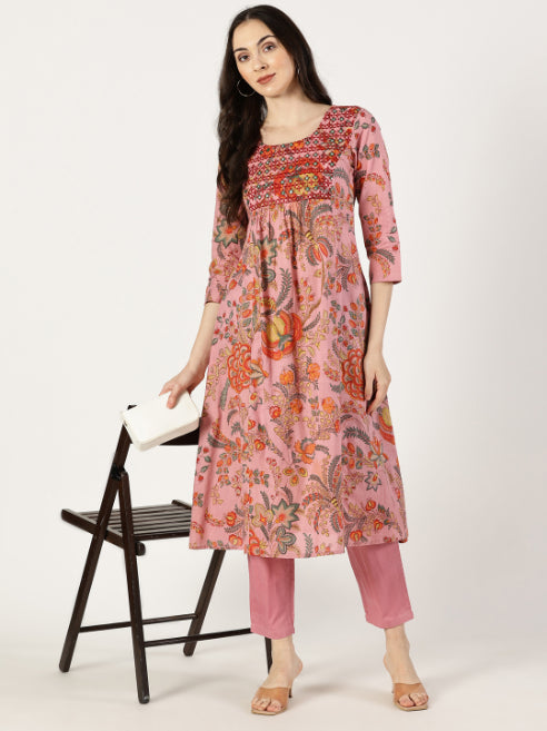 Pink Floral Print Kurta with Neck Embroidery