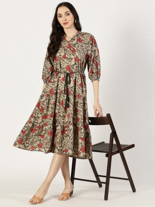 Rust Tropical Print Cotton Dress with Waist Tie-up