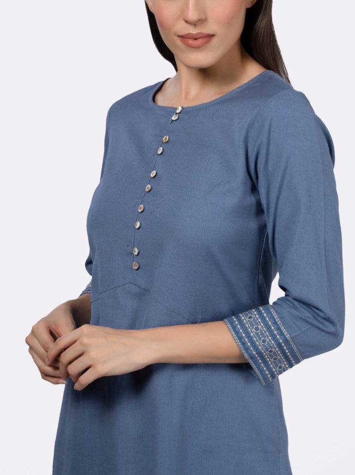 Blue Solid Cotton Kurta with Pockets & Sleeve Embroidery