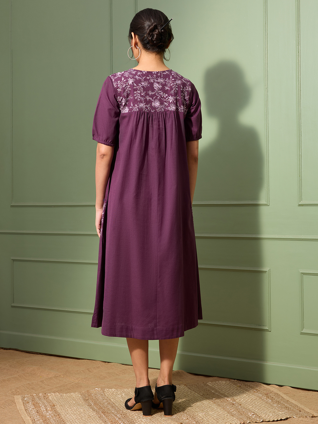 Aubergine Purple Cotton Linen Dress A-Line with Parsi Gara Inspired Embroidery