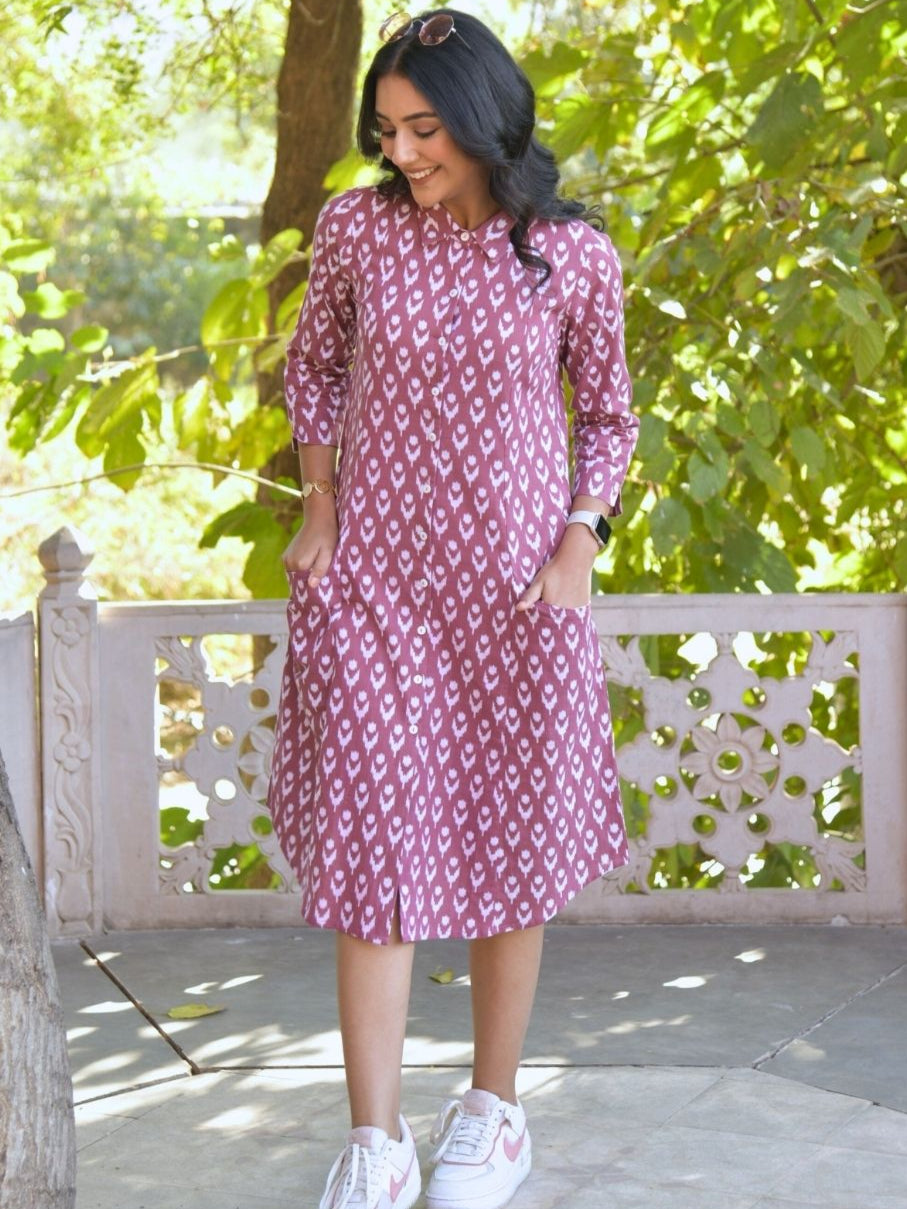 Rosewood Pink Ikat Print Shirt Dress