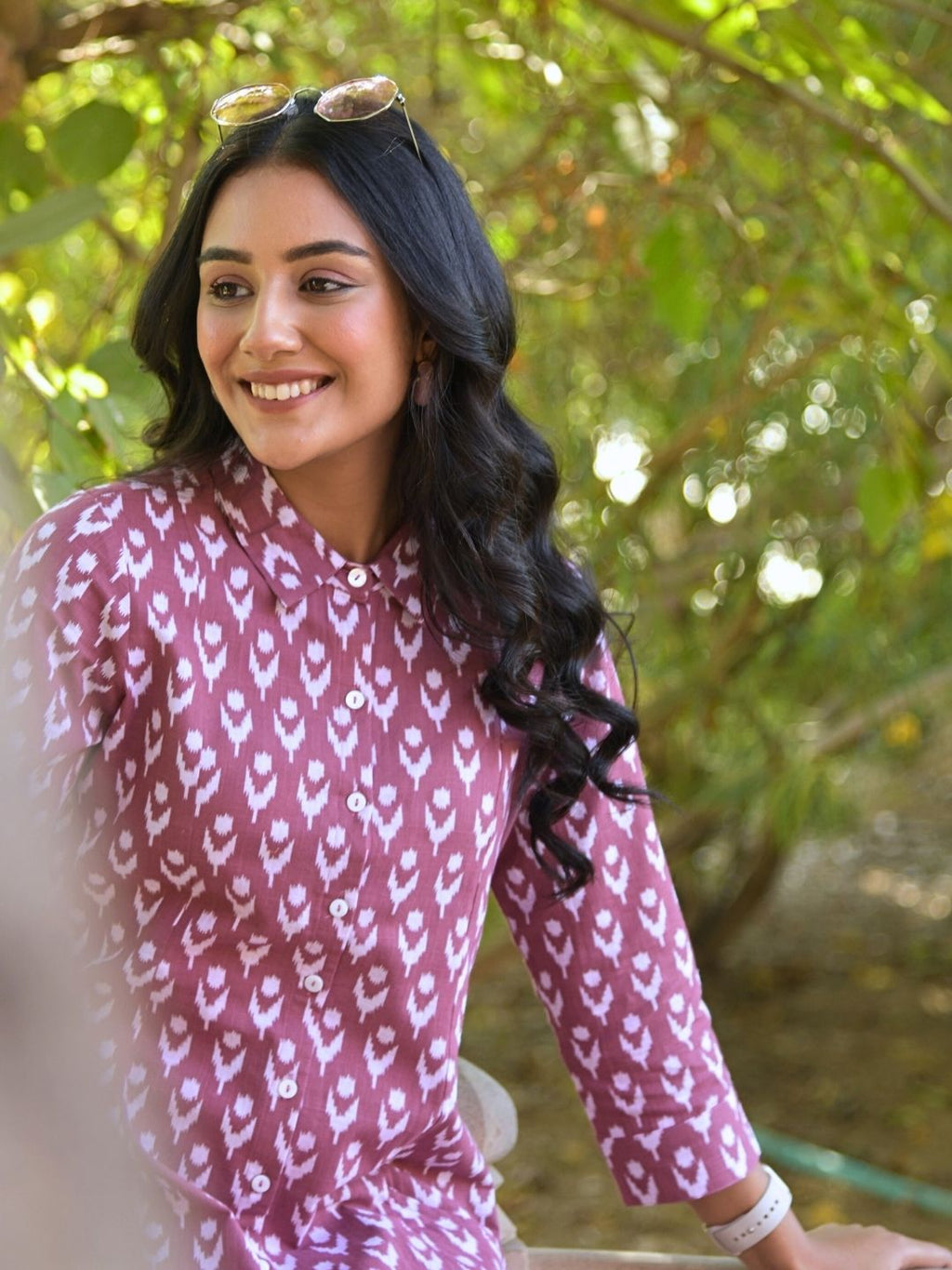 Rosewood Pink Ikat Print Shirt Dress