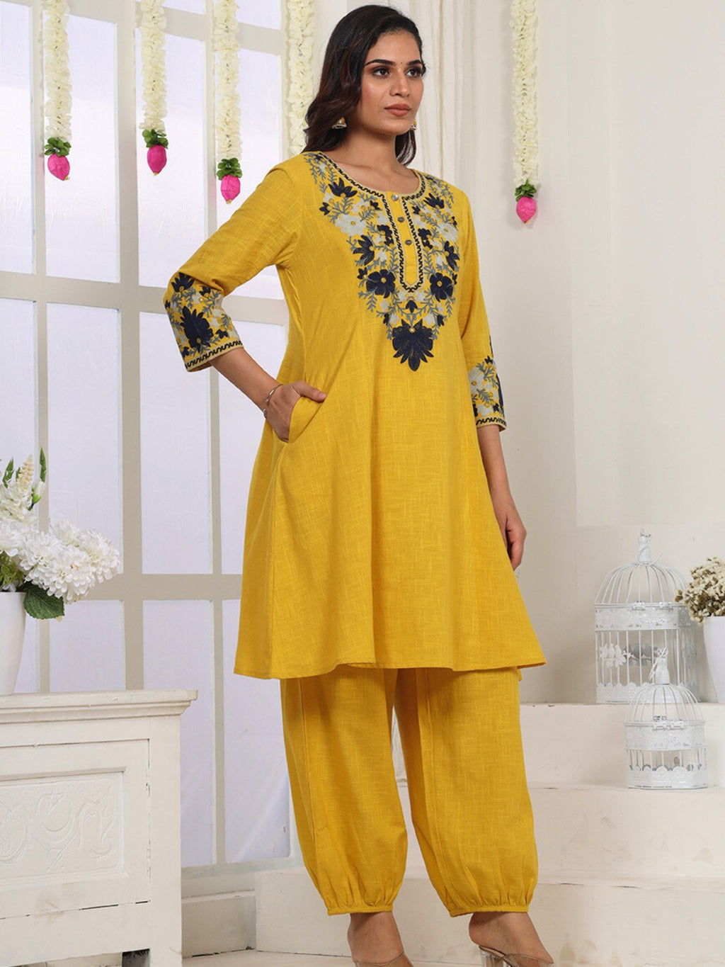 Golden Mustard Kashida Embroidered A-Line Cotton Kurta Set with Salwar