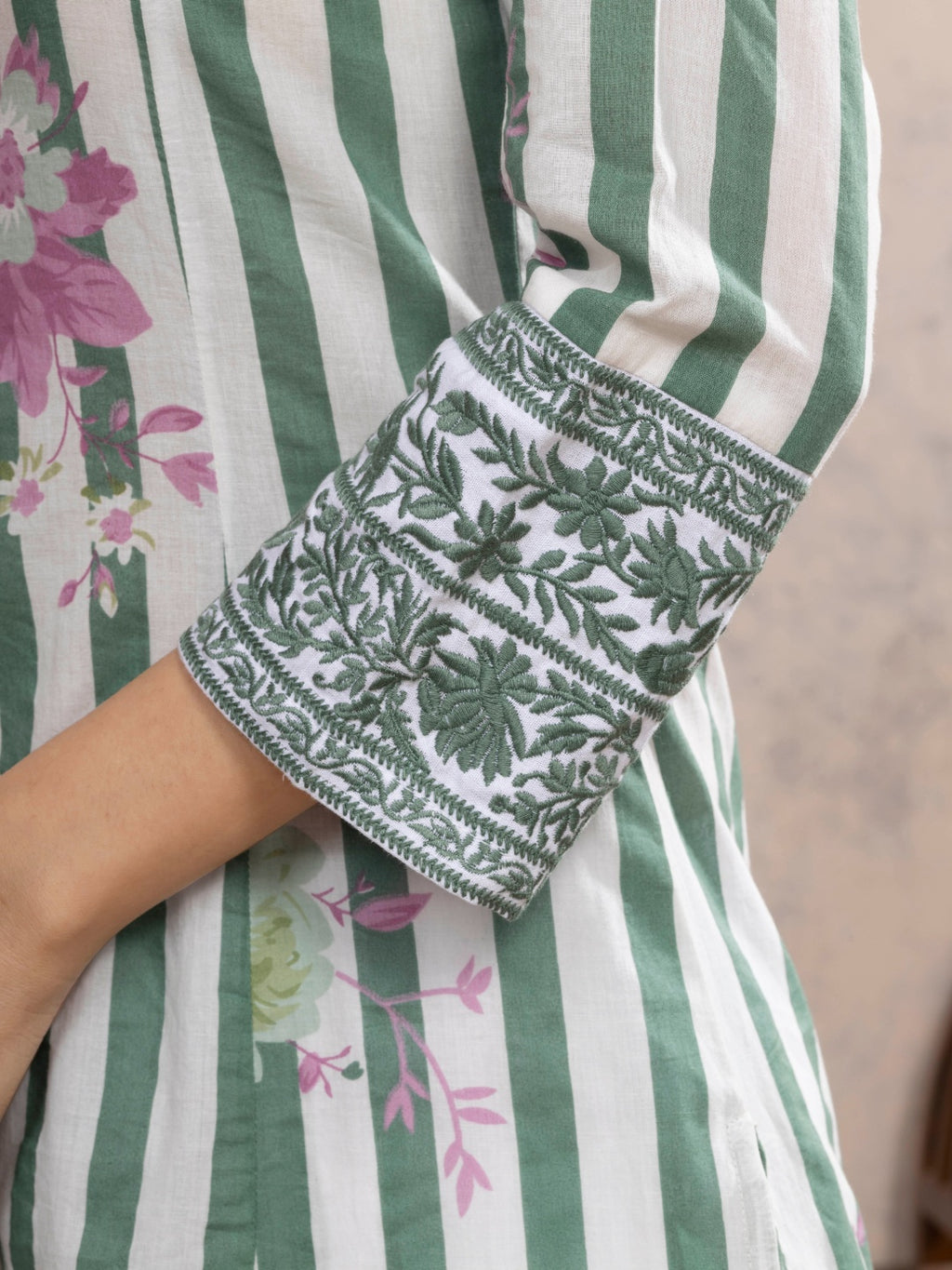 Soft White Cotton Kurta with Forest Green Stripes & Floral Print