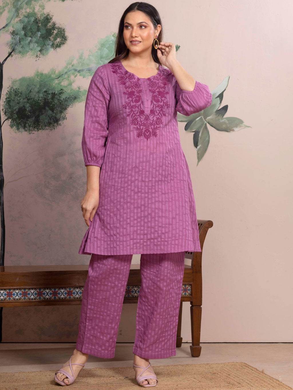 Mulberry Blush Cotton Leno Stripe Embroidered Kurta Set with Palazzo