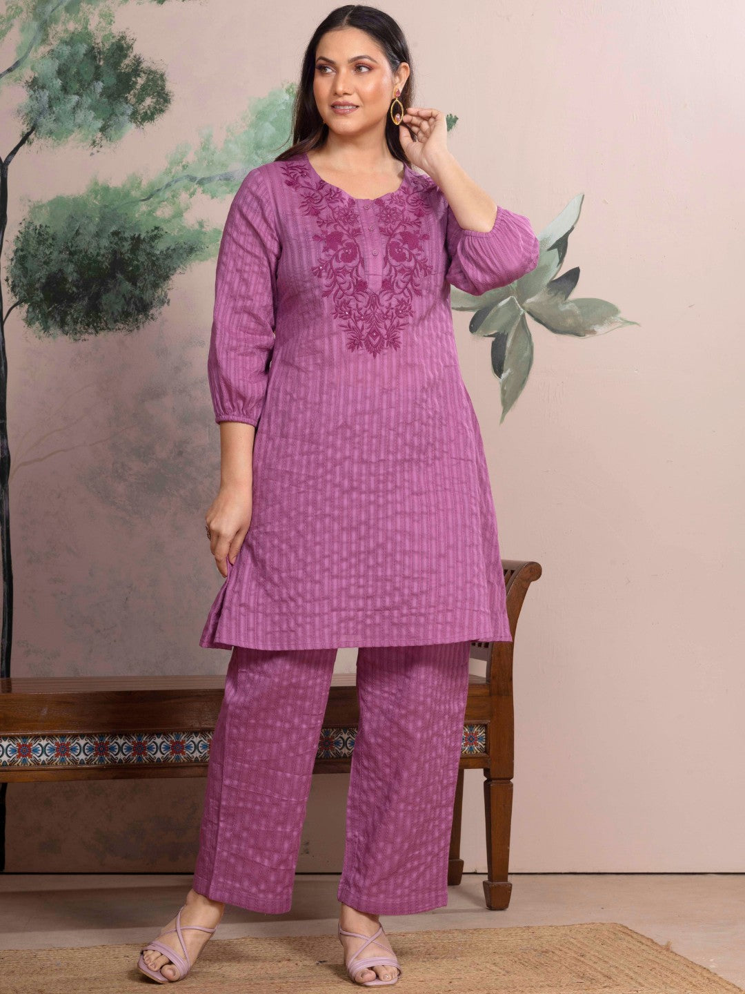 Mulberry Blush Cotton Leno Stripe Embroidered Kurta Set with Palazzo