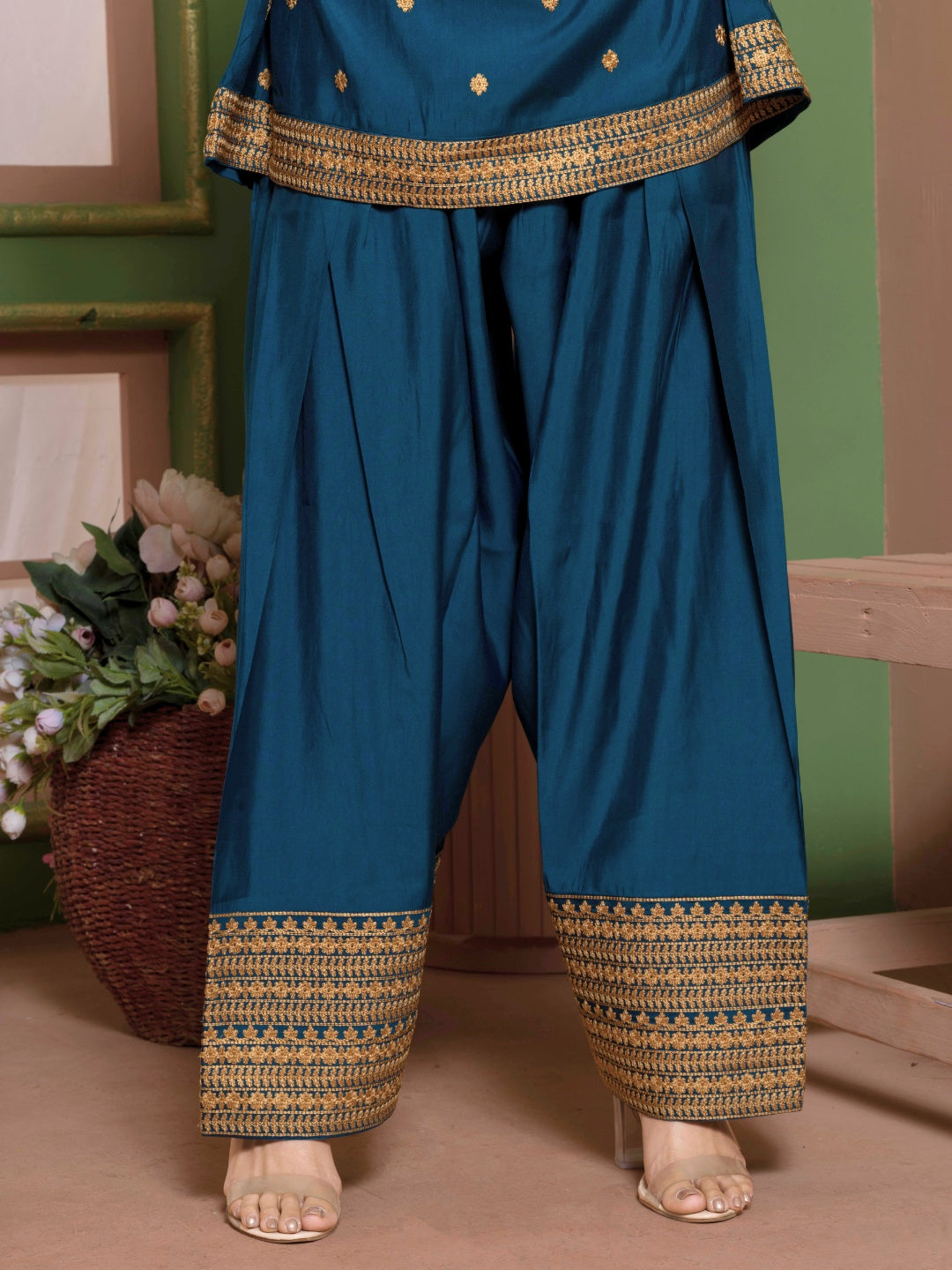 Midnight Teal Kashida Embroidered A-Line Kurta with Farshi Salwar and Dupatta