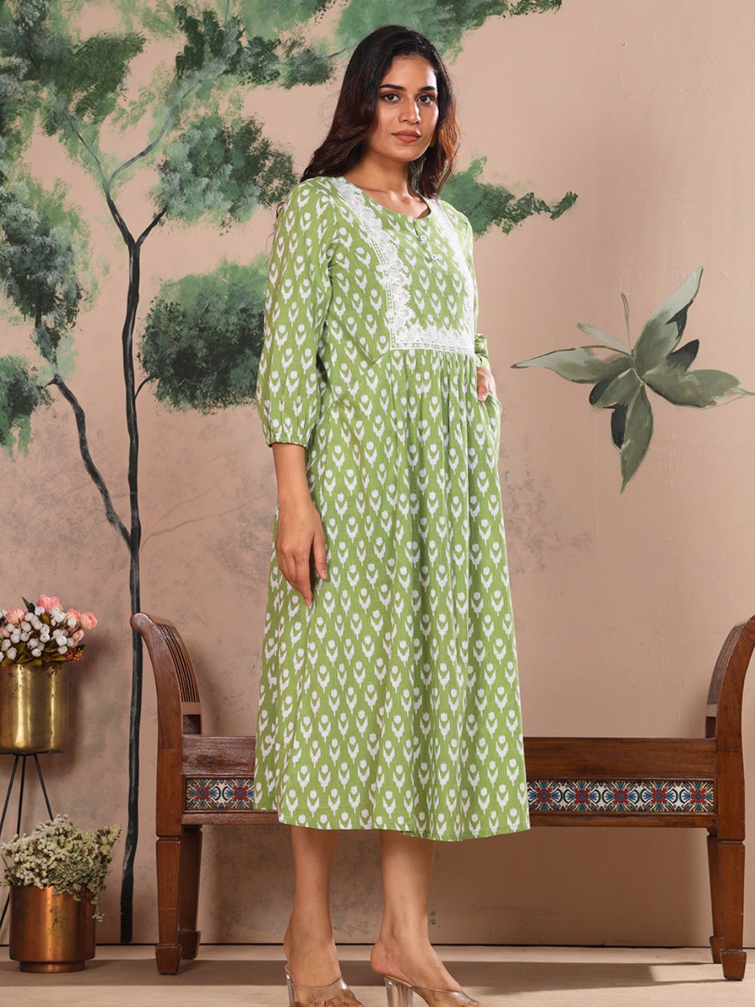 Sage Green Cotton Slub Dress Waist Yoke with Embroidery