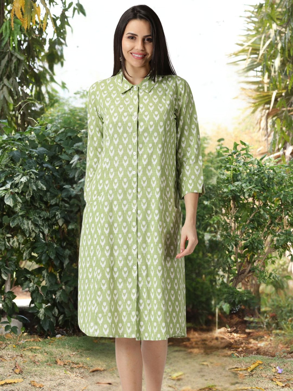 Pastel Green Ikat Print Cotton Shirt Dress