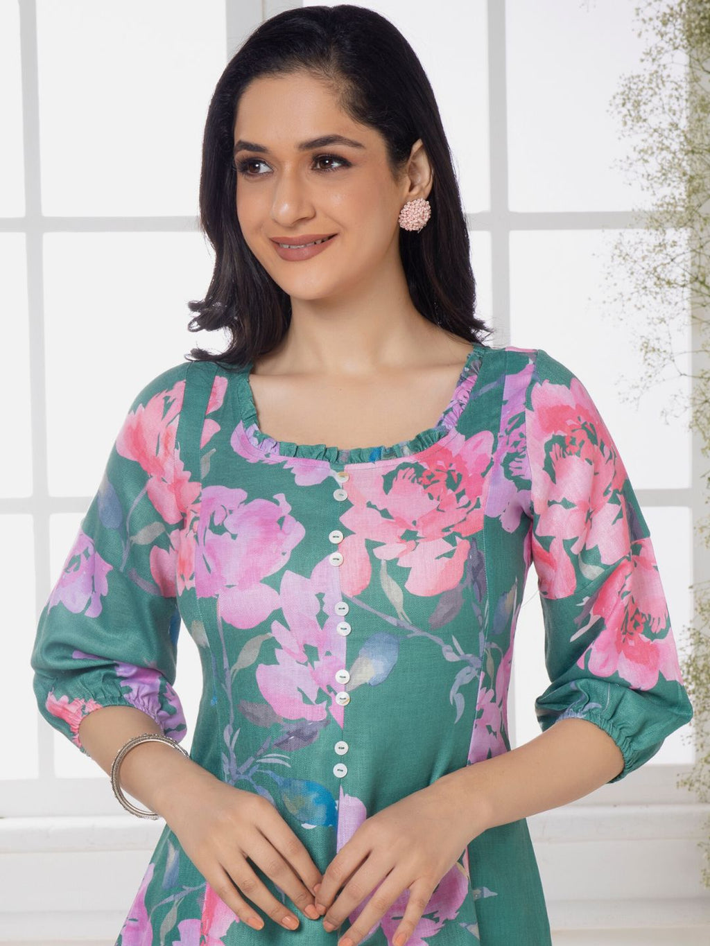 Dusty Teal Floral Elegance Midi Dress