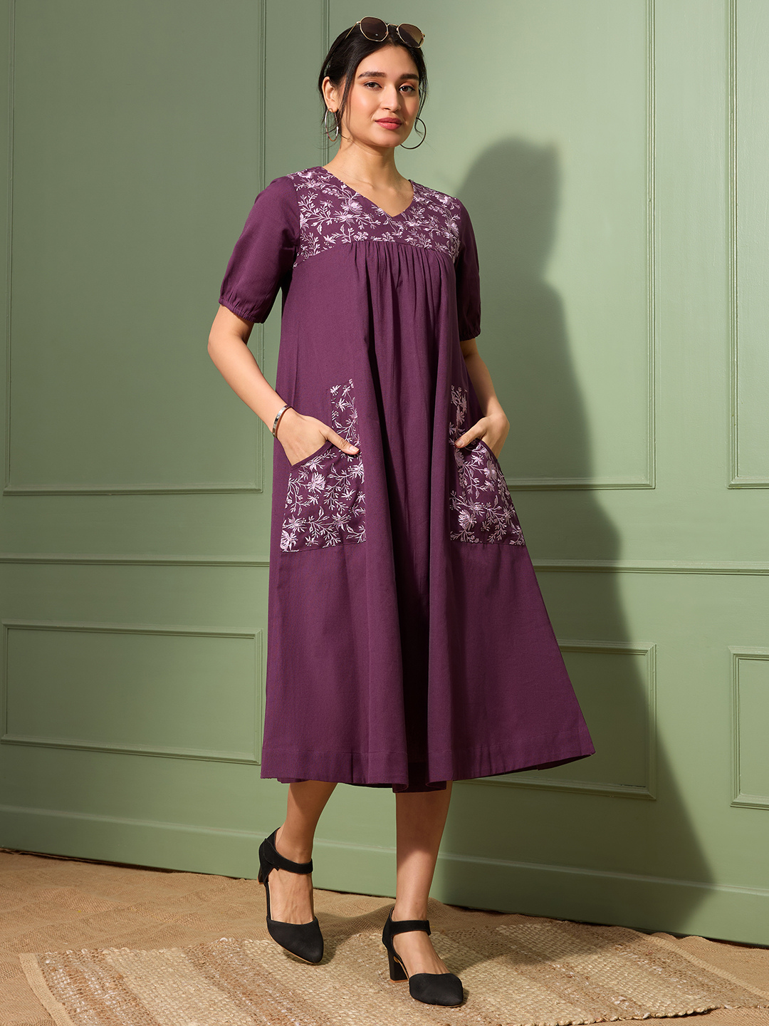 Aubergine Purple Cotton Linen Dress A-Line with Parsi Gara Inspired Embroidery