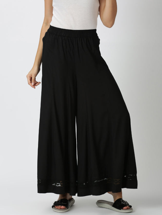 Black Rayon Flared Palazzo with Lace Inserts on Hem
