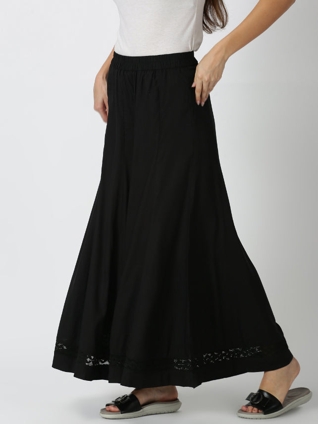Black Rayon Flared Palazzo with Lace Inserts on Hem