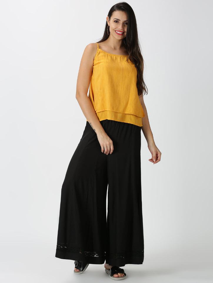 Black Rayon Flared Palazzo with Lace Inserts on Hem