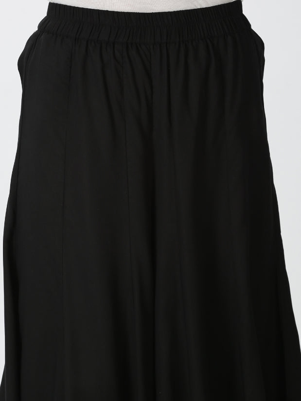 Black Rayon Flared Palazzo with Lace Inserts on Hem