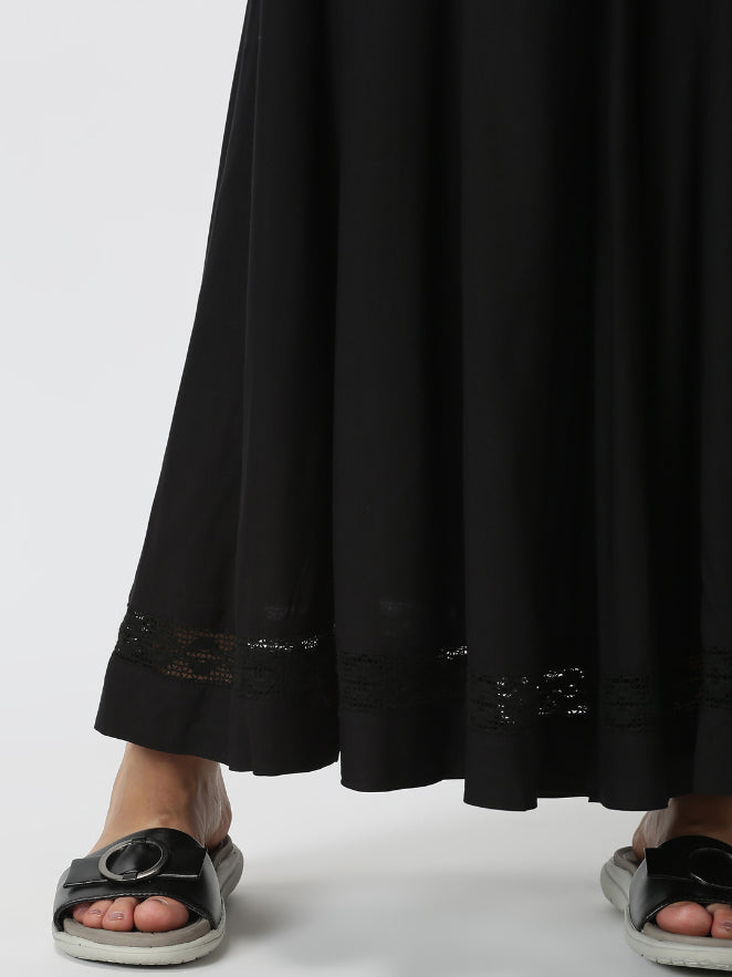 Black Rayon Flared Palazzo with Lace Inserts on Hem