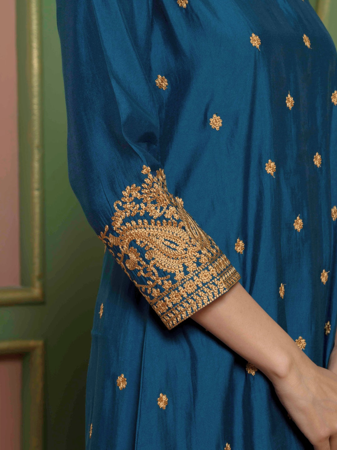 Midnight Teal Kashida Embroidered A-Line Kurta with Farshi Salwar and Dupatta