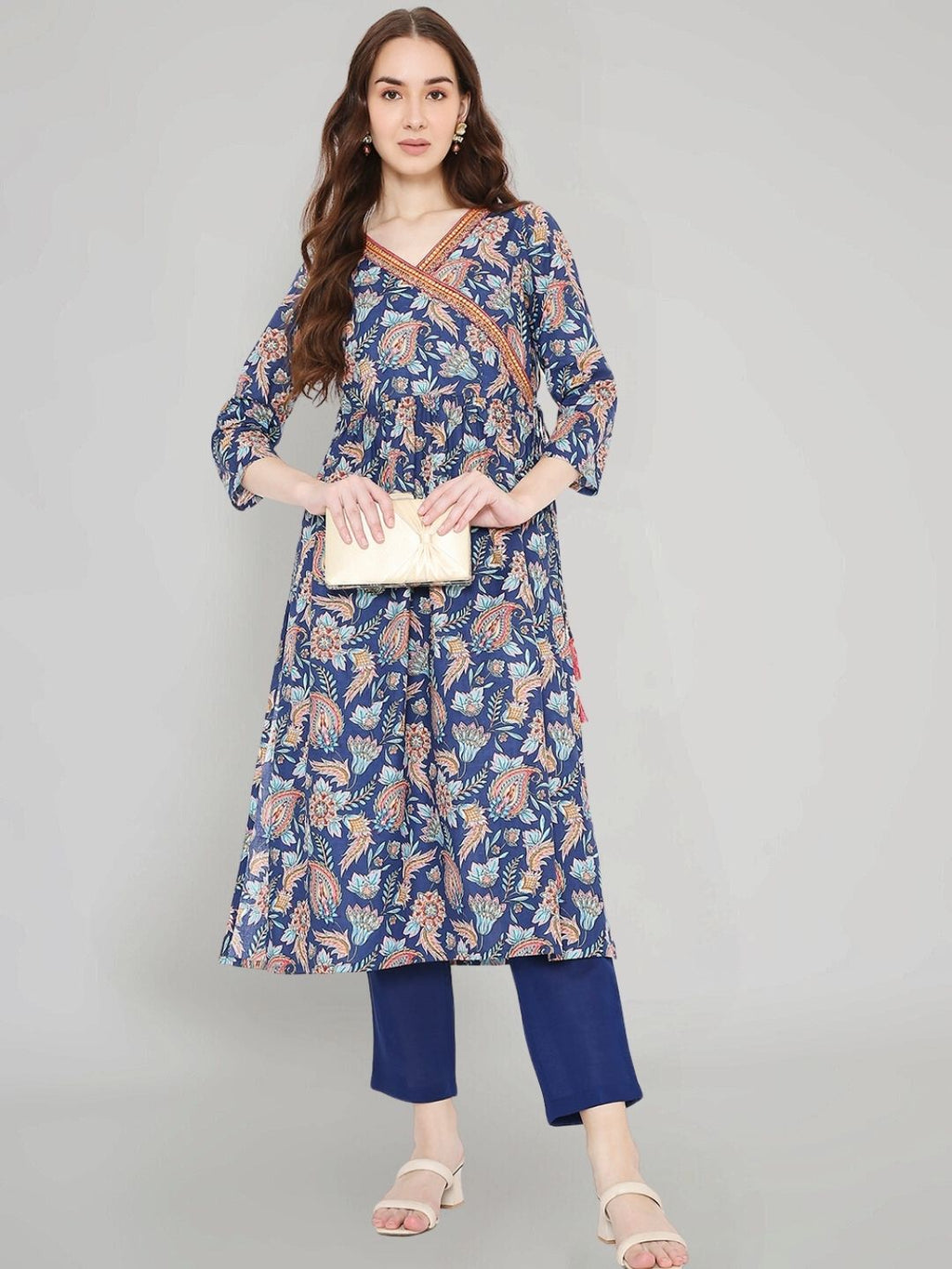 Navy Blue Paisley Print Angrakha Kurta with Mirror Embroidery and Gathers