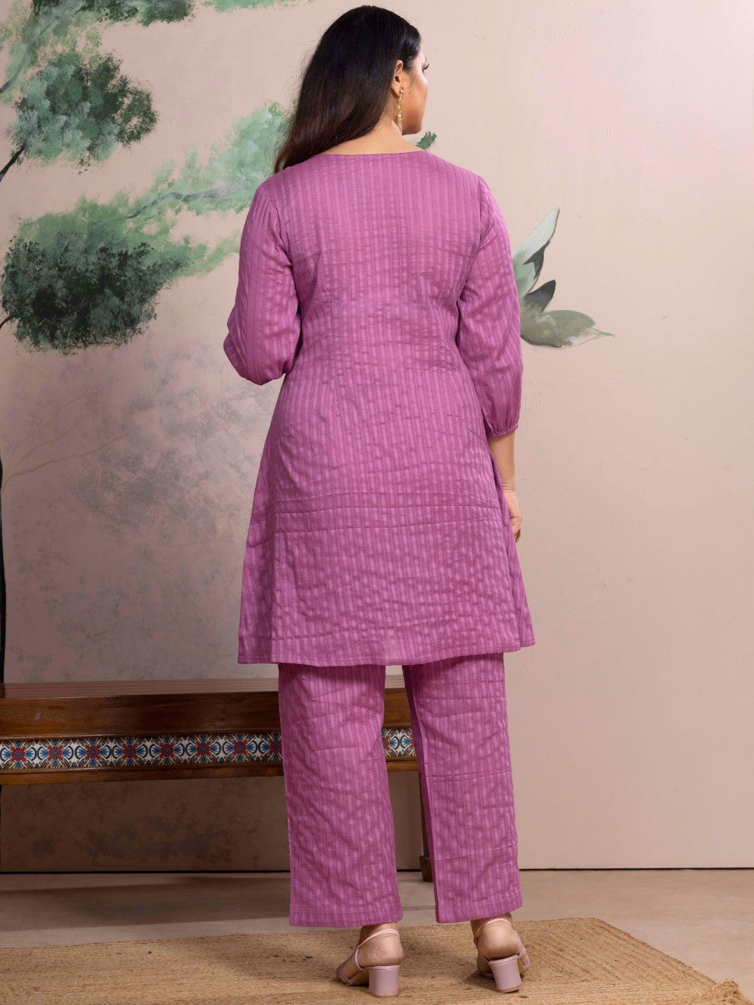 Mulberry Blush Cotton Leno Stripe Embroidered Kurta Set with Palazzo