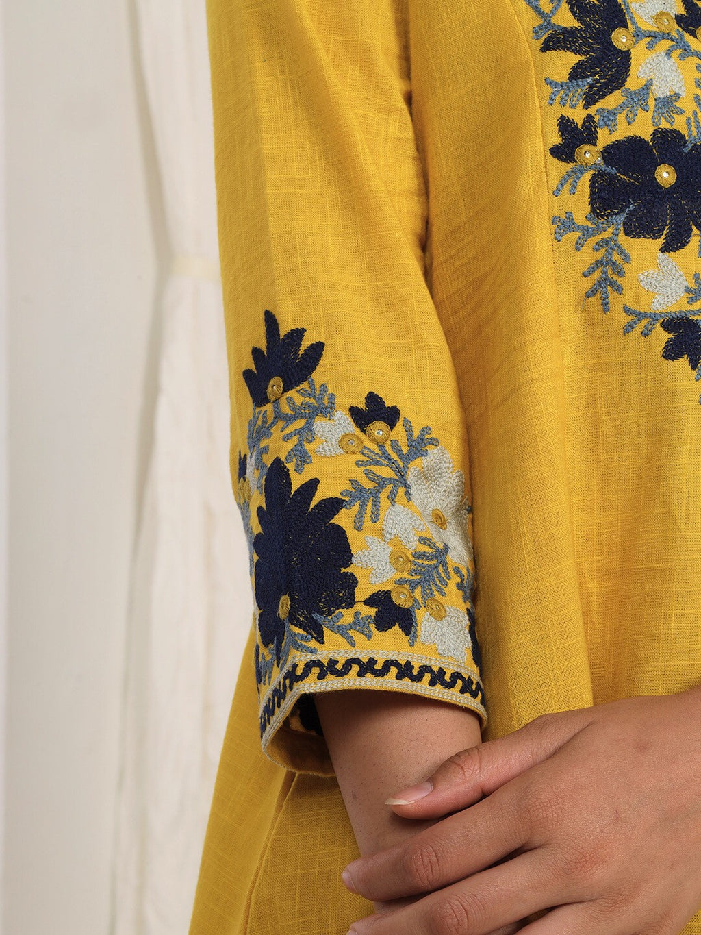 Golden Mustard Kashida Embroidered A-Line Cotton Kurta Set with Salwar
