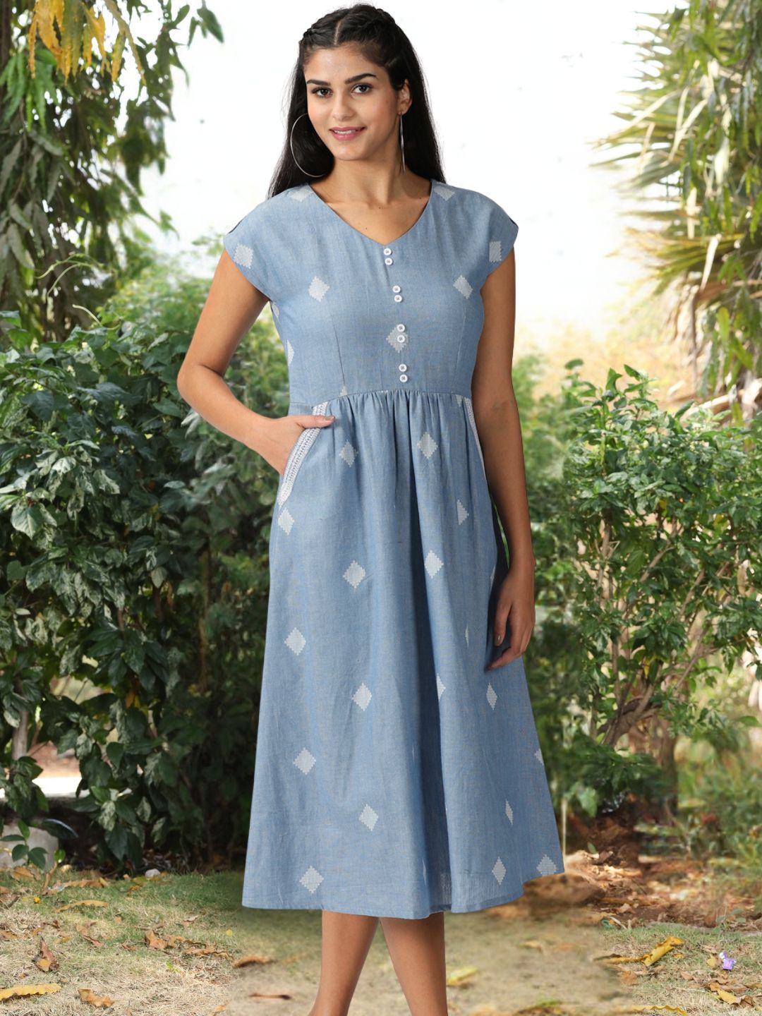 Blue Geometric Woven Design Midi Dress with Embroidered Pockets