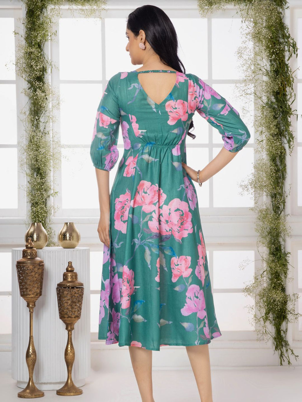 Dusty Teal Floral Elegance Midi Dress