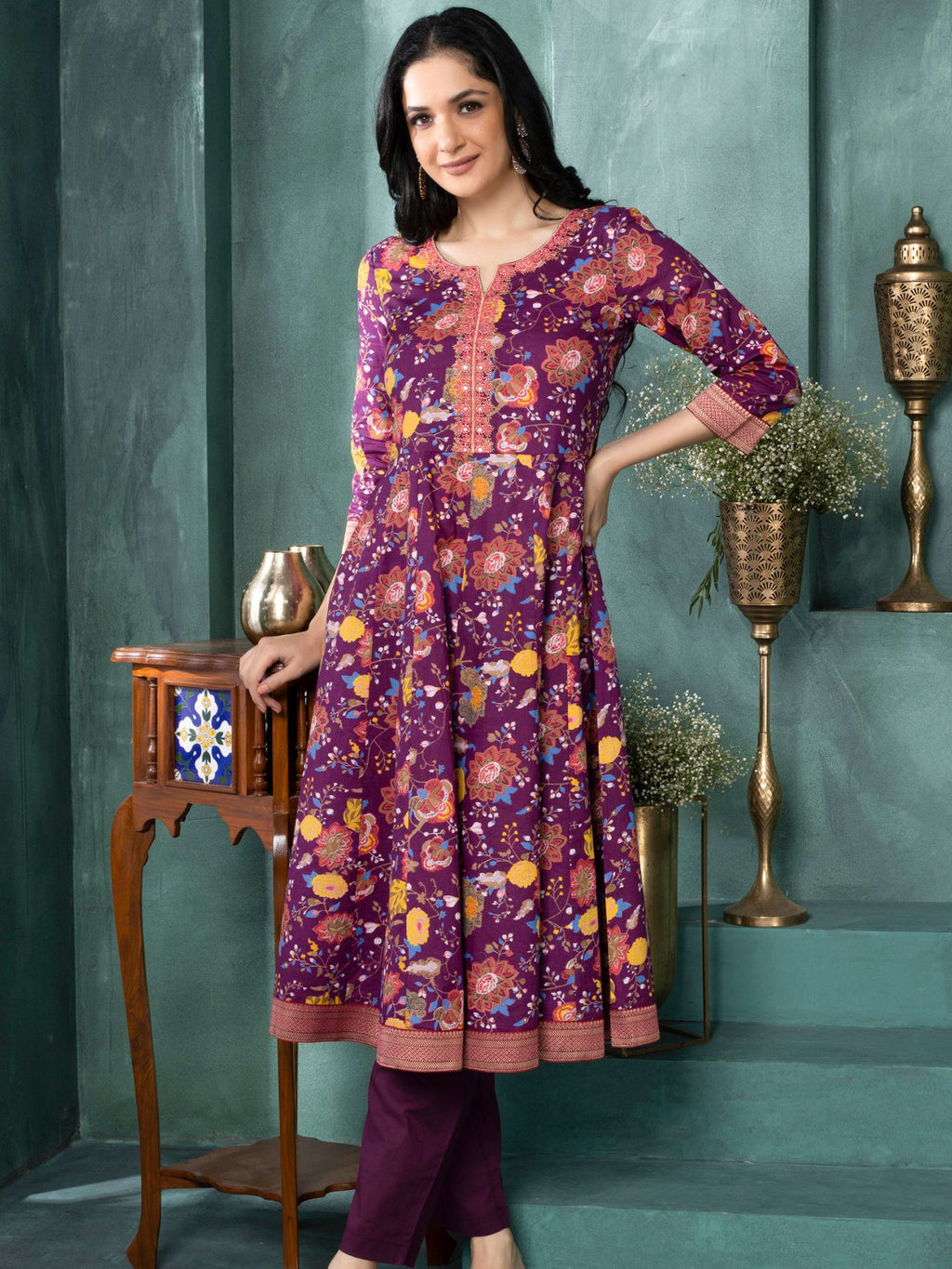 Wine Regal Blossom Anarkali Kurta