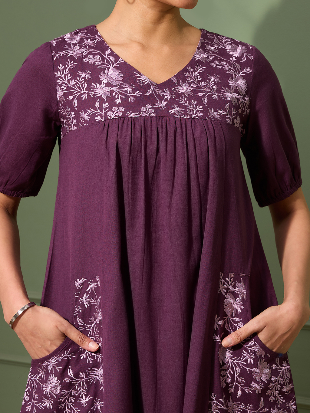 Aubergine Purple Cotton Linen Dress A-Line with Parsi Gara Inspired Embroidery