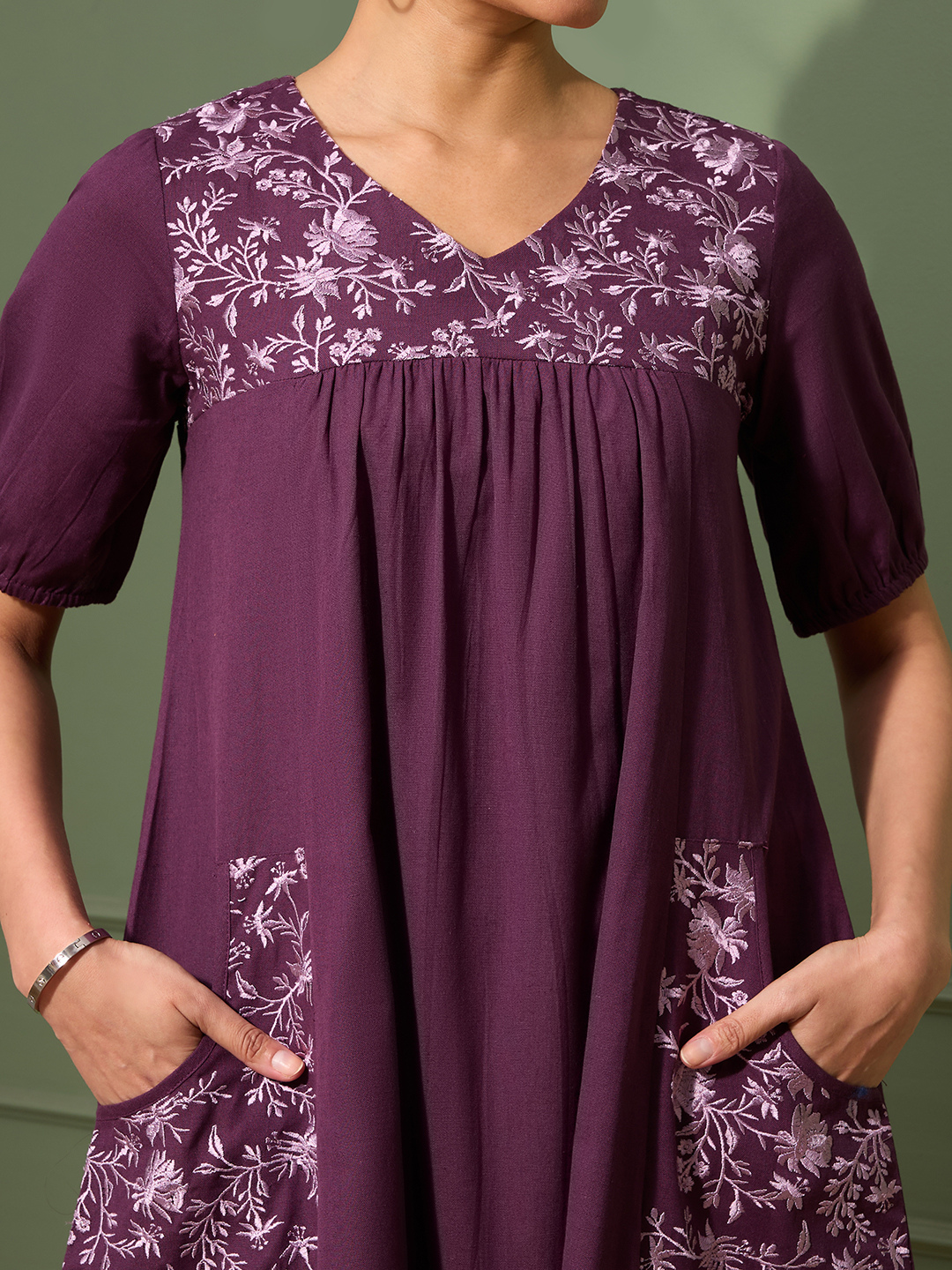 Aubergine Purple Cotton Linen Dress A-Line with Parsi Gara Inspired Embroidery