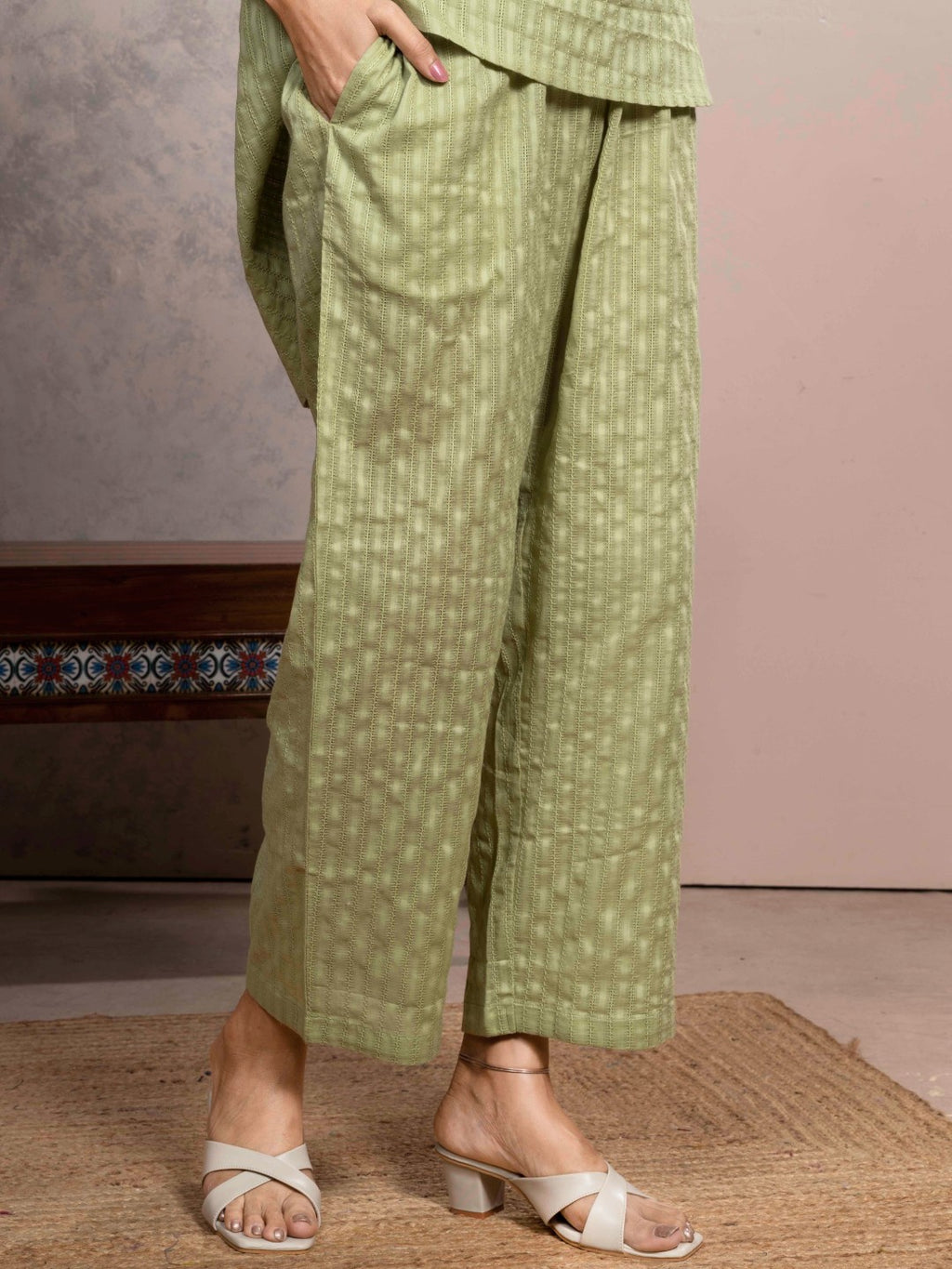 Mint Meadow Cotton Leno Stripe Embroidered Kurta Set with Palazzo