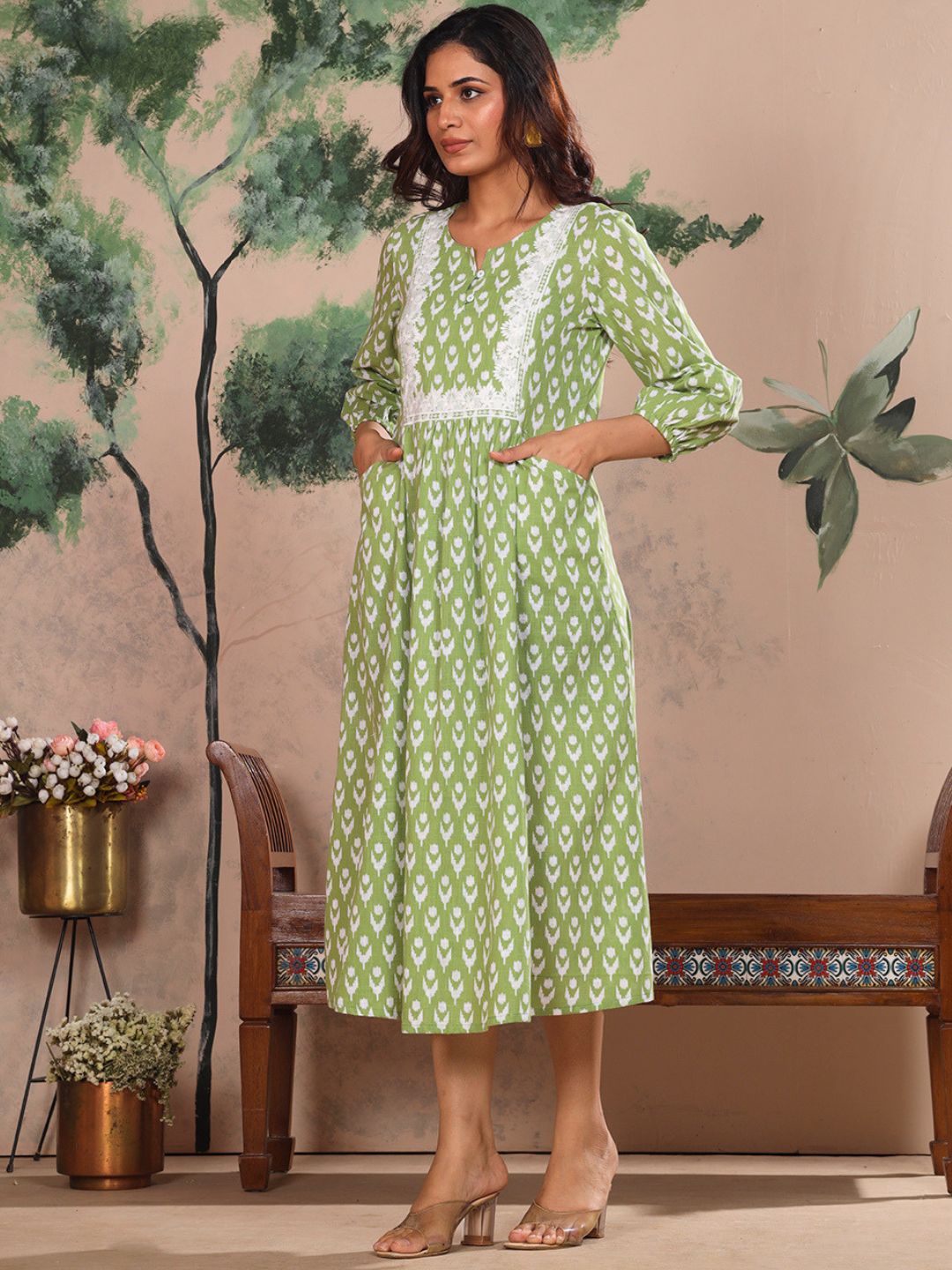 Sage Green Cotton Slub Dress Waist Yoke with Embroidery