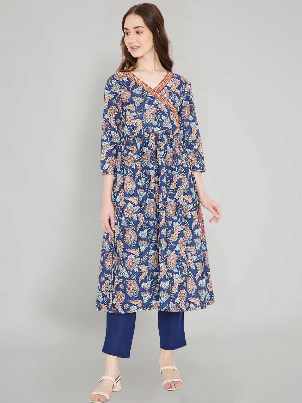 Navy Blue Paisley Print Angrakha Kurta with Mirror Embroidery and Gathers