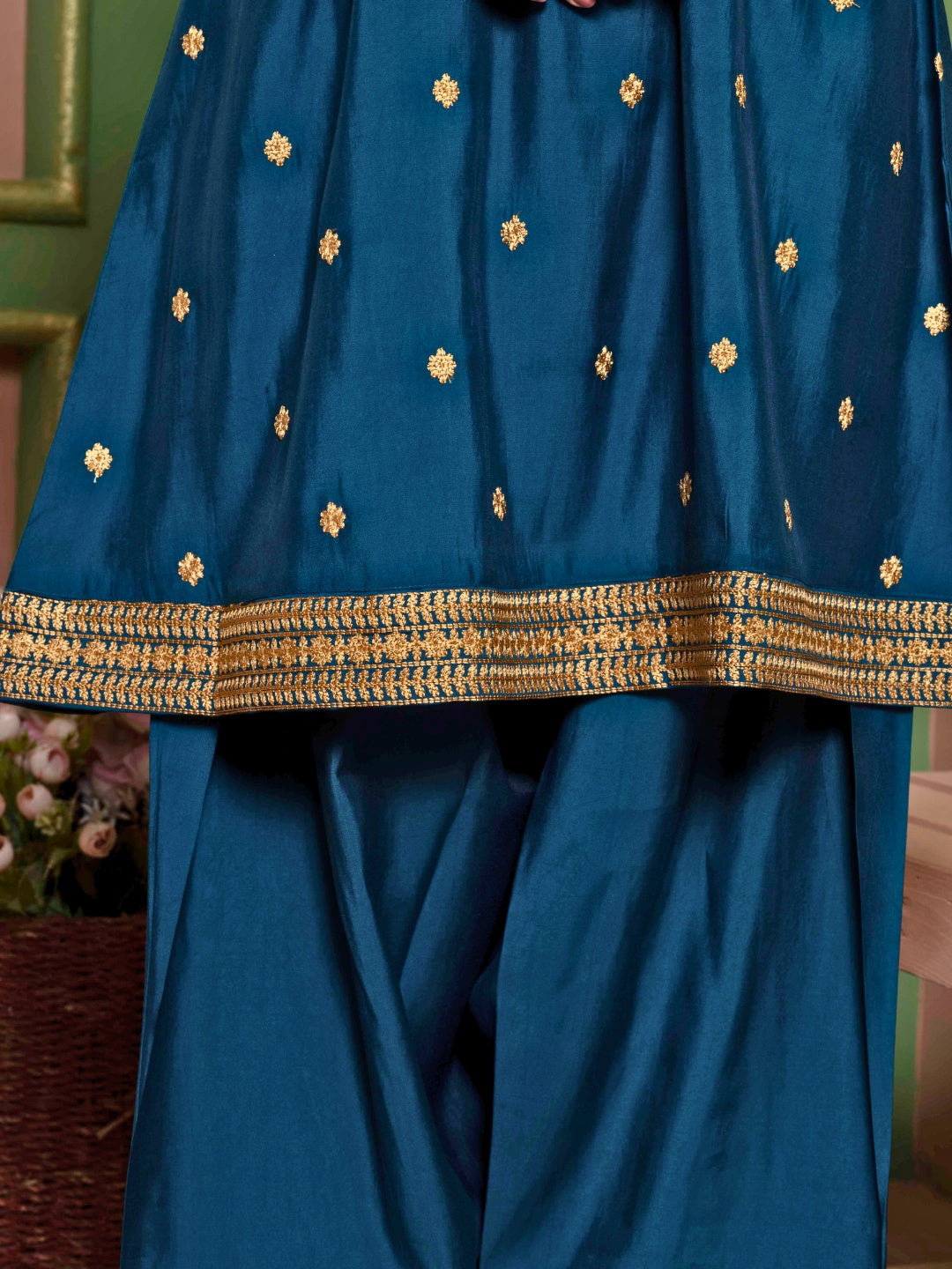 Midnight Teal Kashida Embroidered A-Line Kurta with Farshi Salwar and Dupatta