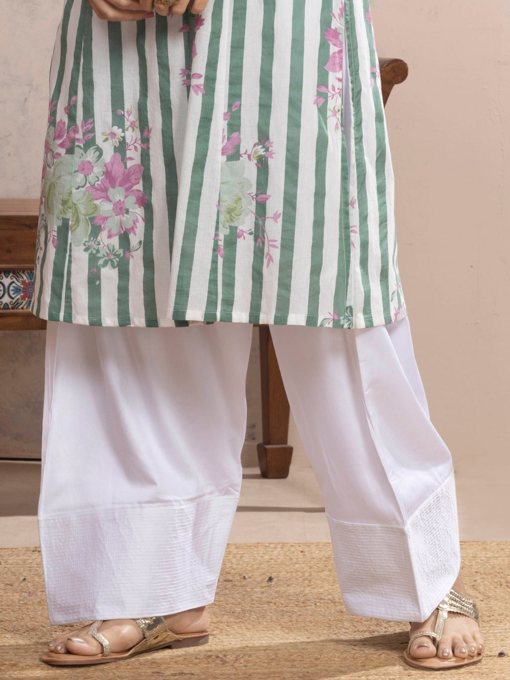 White Farshi Salwar with Elasticated Waist & Couching Detail