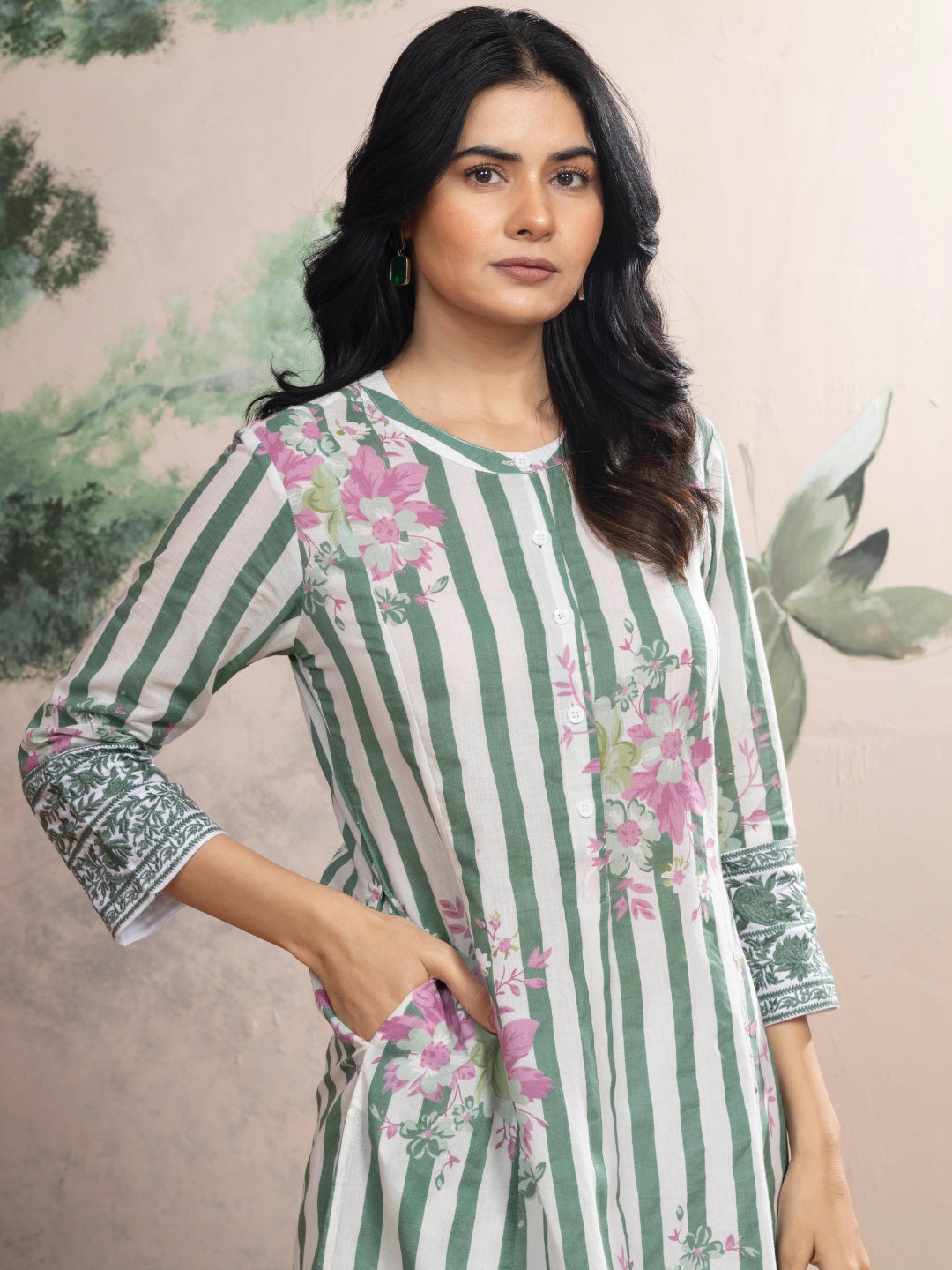 Soft White Cotton Kurta with Forest Green Stripes & Floral Print
