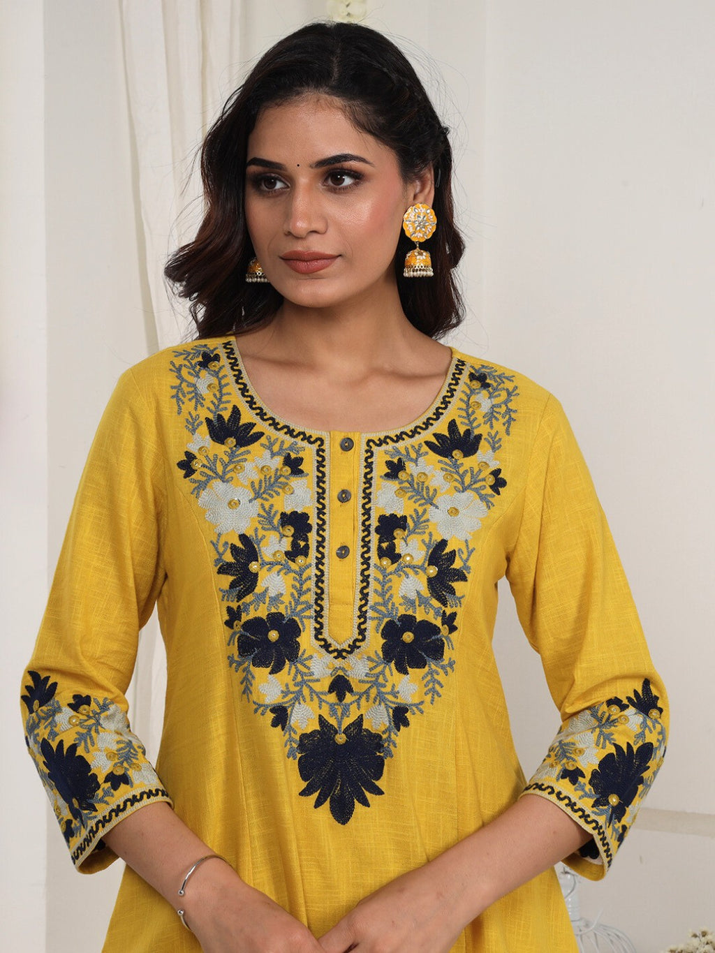Golden Mustard Kashida Embroidered A-Line Cotton Kurta Set with Salwar