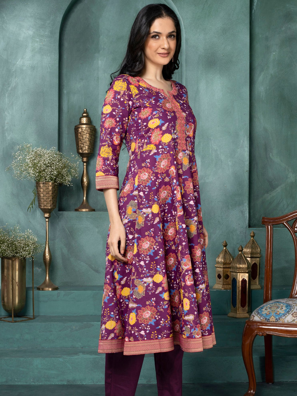 Wine Regal Blossom Anarkali Kurta