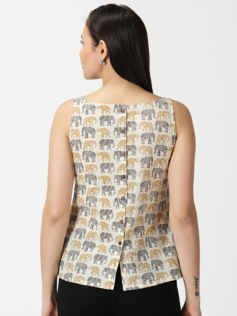 Off White Sanganeri Elephant  Print Cotton Tank Top