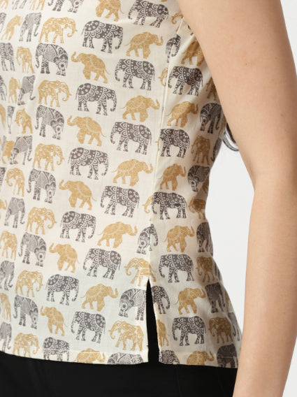 Off White Sanganeri Elephant  Print Cotton Tank Top